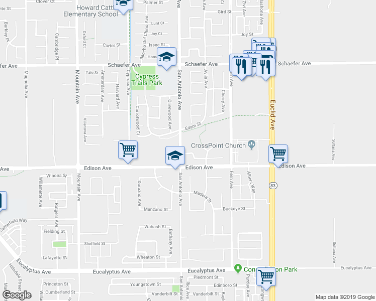 map of restaurants, bars, coffee shops, grocery stores, and more near 6732 Sugar Pine Street in Chino
