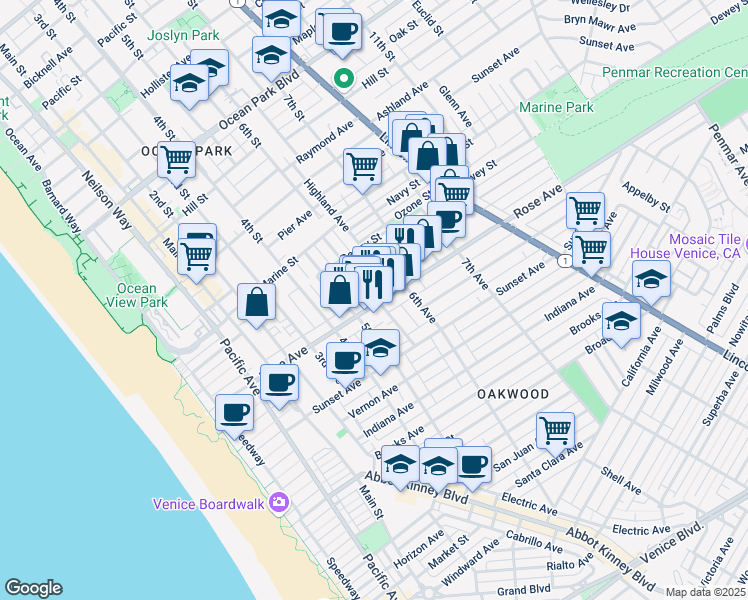 map of restaurants, bars, coffee shops, grocery stores, and more near 535 Rose Avenue in Los Angeles