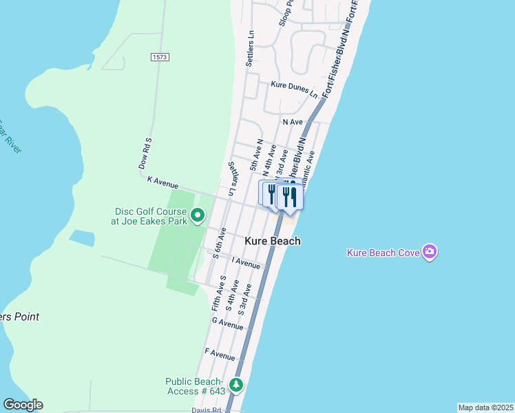 map of restaurants, bars, coffee shops, grocery stores, and more near 404 Ave K in Kure Beach