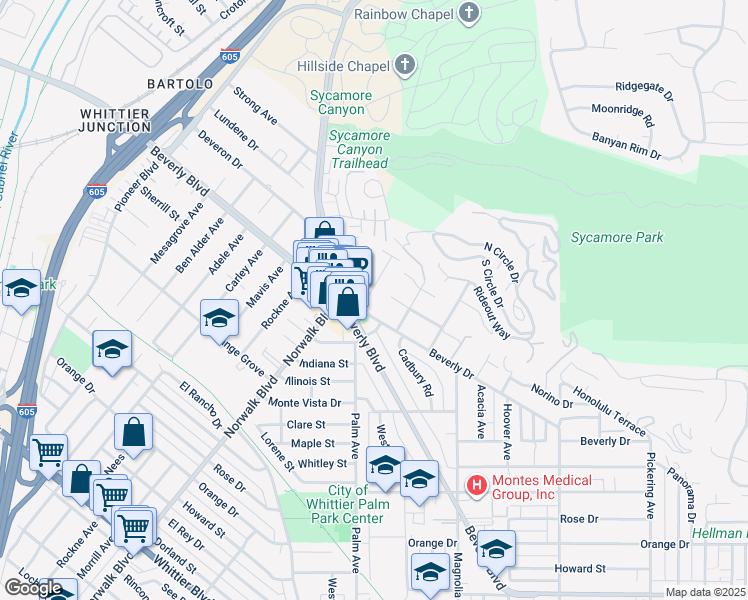map of restaurants, bars, coffee shops, grocery stores, and more near 5334 Palm Avenue in Whittier