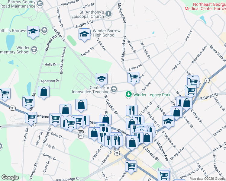 map of restaurants, bars, coffee shops, grocery stores, and more near 204 James Street in Winder