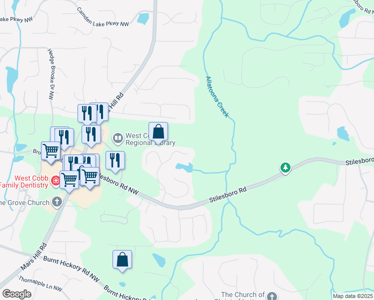 map of restaurants, bars, coffee shops, grocery stores, and more near 1835 Mountain Lake Drive Northwest in Kennesaw