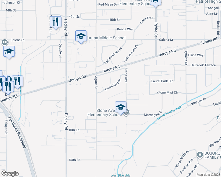 map of restaurants, bars, coffee shops, grocery stores, and more near 8512 Brookfield Drive in Riverside