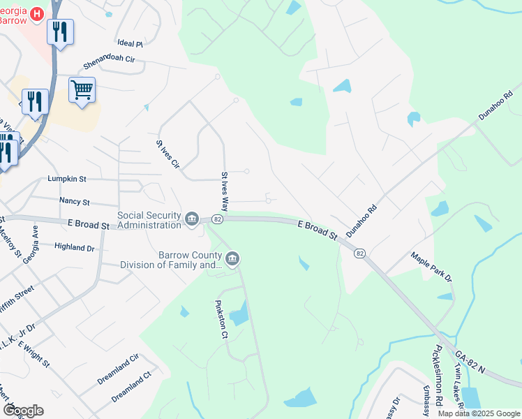 map of restaurants, bars, coffee shops, grocery stores, and more near 21 Saint Ives Court in Winder