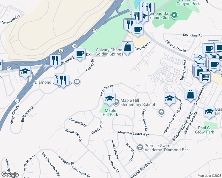 map of restaurants, bars, coffee shops, grocery stores, and more near 1309 Eaglefen Drive in Diamond Bar