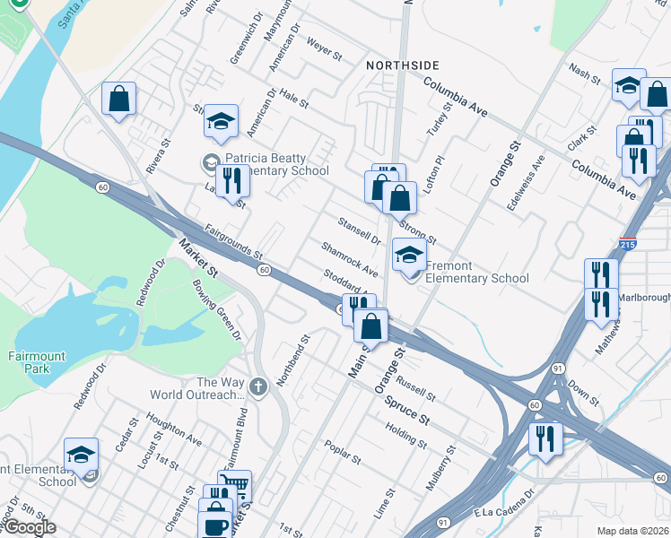 map of restaurants, bars, coffee shops, grocery stores, and more near in Riverside