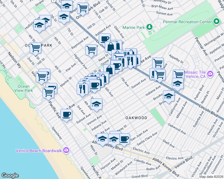 map of restaurants, bars, coffee shops, grocery stores, and more near 604 Rose Avenue in Los Angeles