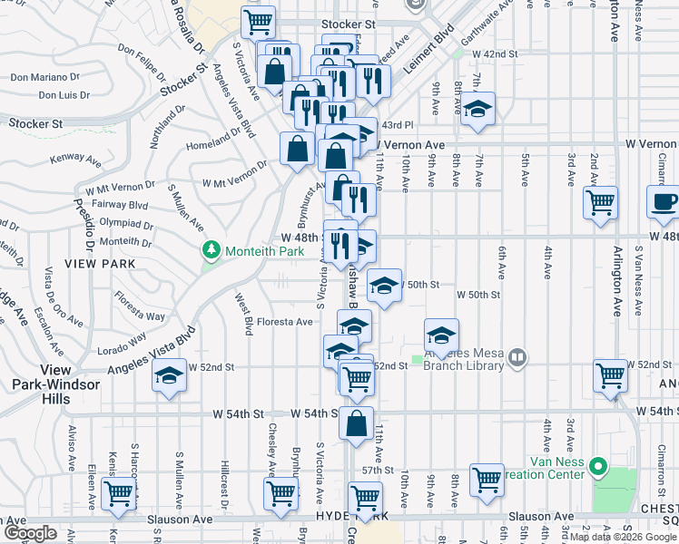 map of restaurants, bars, coffee shops, grocery stores, and more near 4832 South Victoria Avenue in View Park-Windsor Hills