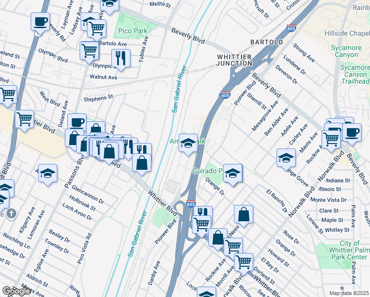map of restaurants, bars, coffee shops, grocery stores, and more near 5700 Juarez Avenue in Whittier