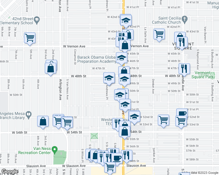 map of restaurants, bars, coffee shops, grocery stores, and more near 1758 West 49th Street in Los Angeles