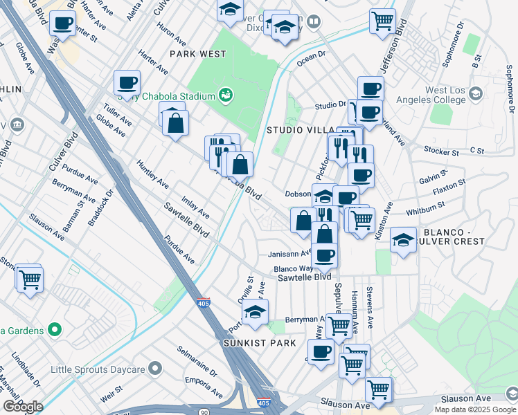 map of restaurants, bars, coffee shops, grocery stores, and more near 5215 Sepulveda Boulevard in Culver City