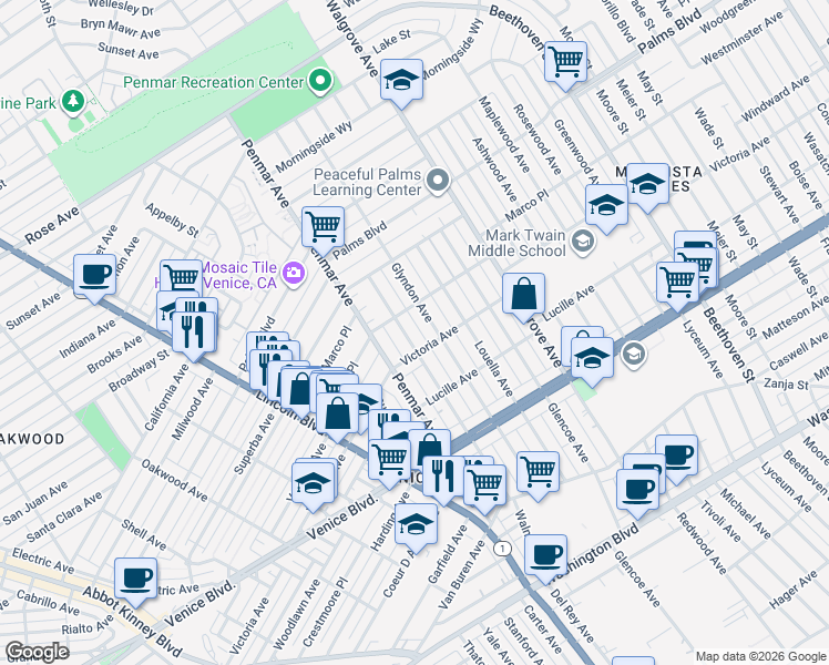 map of restaurants, bars, coffee shops, grocery stores, and more near 2119 Glyndon Avenue in Los Angeles
