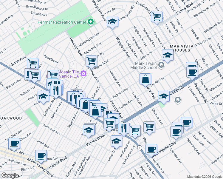map of restaurants, bars, coffee shops, grocery stores, and more near 2115 Walnut Avenue in Los Angeles