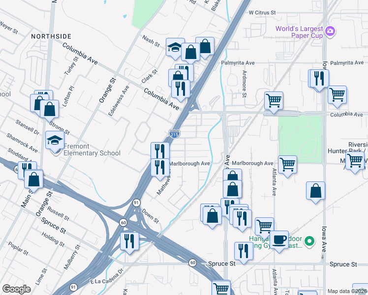 map of restaurants, bars, coffee shops, grocery stores, and more near 2036 Milton Street in Riverside