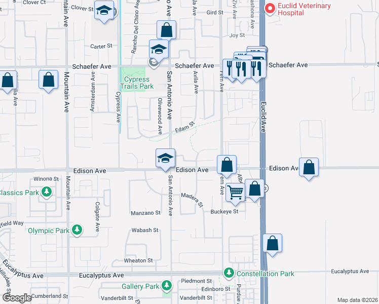 map of restaurants, bars, coffee shops, grocery stores, and more near 6757 Star Pine Court in Chino