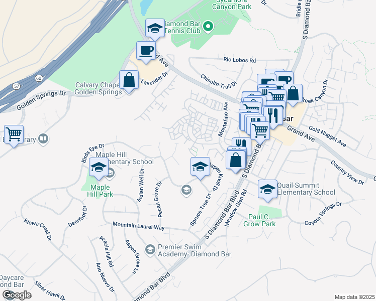 map of restaurants, bars, coffee shops, grocery stores, and more near 1400 Bodega Way in Diamond Bar
