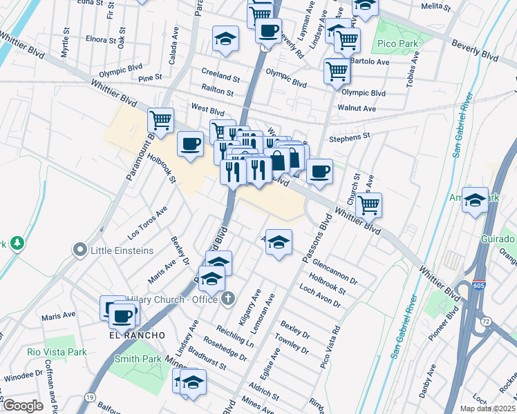 map of restaurants, bars, coffee shops, grocery stores, and more near 5132 San Gabriel Place in Pico Rivera