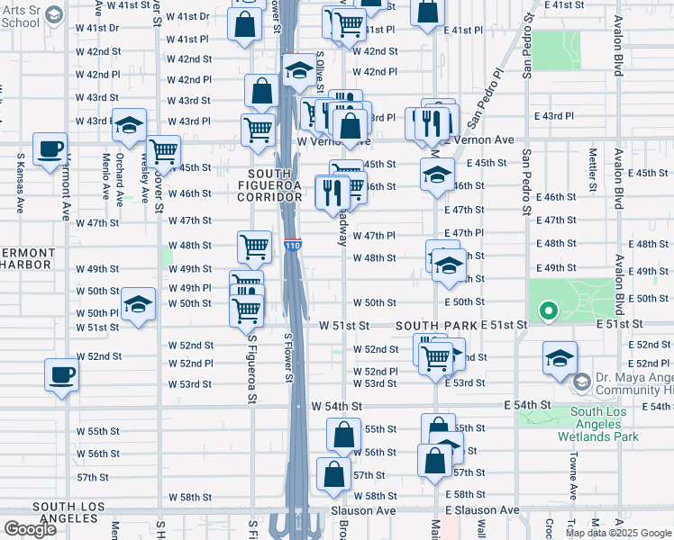 map of restaurants, bars, coffee shops, grocery stores, and more near 4800 South Broadway in Los Angeles
