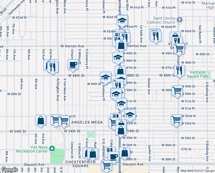 map of restaurants, bars, coffee shops, grocery stores, and more near 1758 West 49th Street in Los Angeles