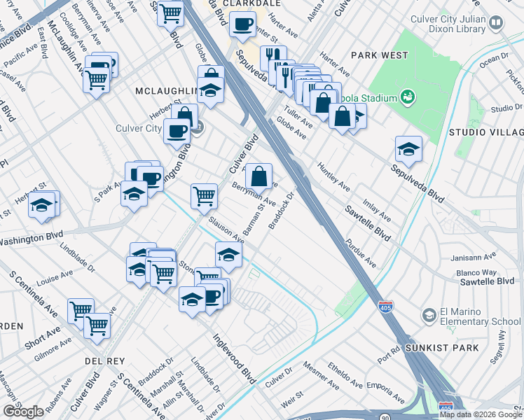 map of restaurants, bars, coffee shops, grocery stores, and more near 11517 Barman Avenue in Culver City