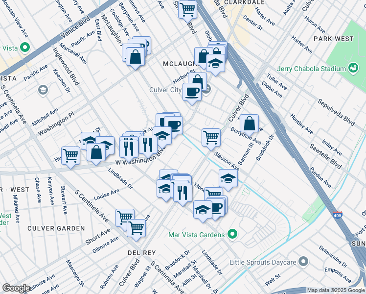 map of restaurants, bars, coffee shops, grocery stores, and more near 11737 Courtleigh Drive in Los Angeles