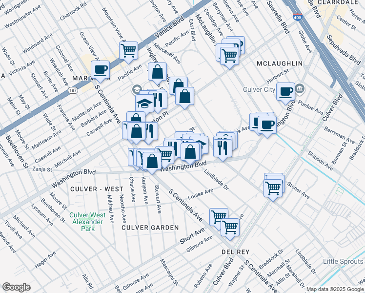 map of restaurants, bars, coffee shops, grocery stores, and more near in Los Angeles