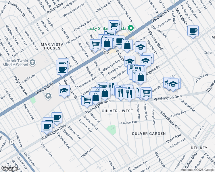 map of restaurants, bars, coffee shops, grocery stores, and more near 12547 Mitchell Avenue in Los Angeles