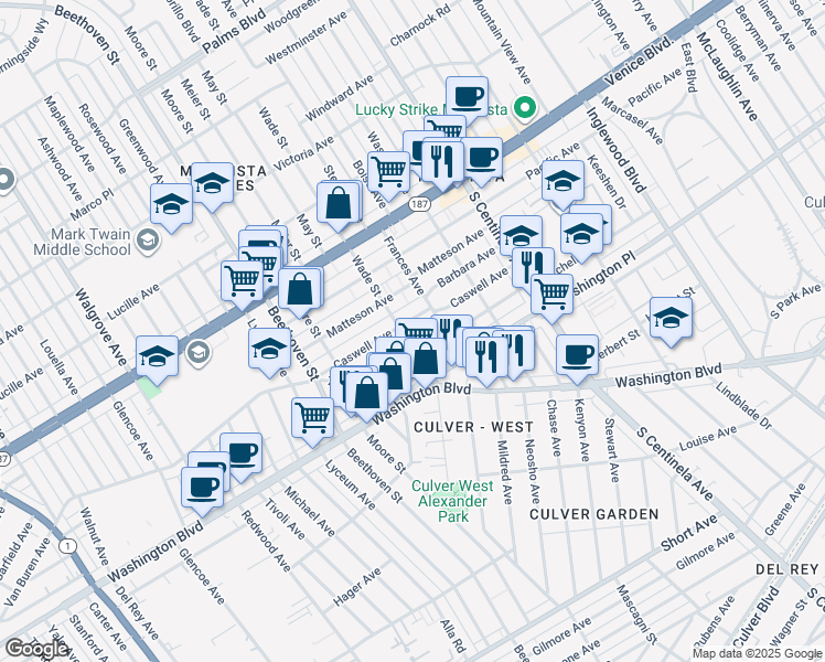map of restaurants, bars, coffee shops, grocery stores, and more near 12626 Caswell Avenue in Los Angeles