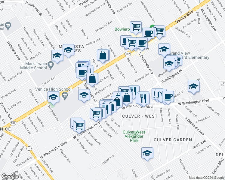 map of restaurants, bars, coffee shops, grocery stores, and more near 12720 Matteson Avenue in Los Angeles