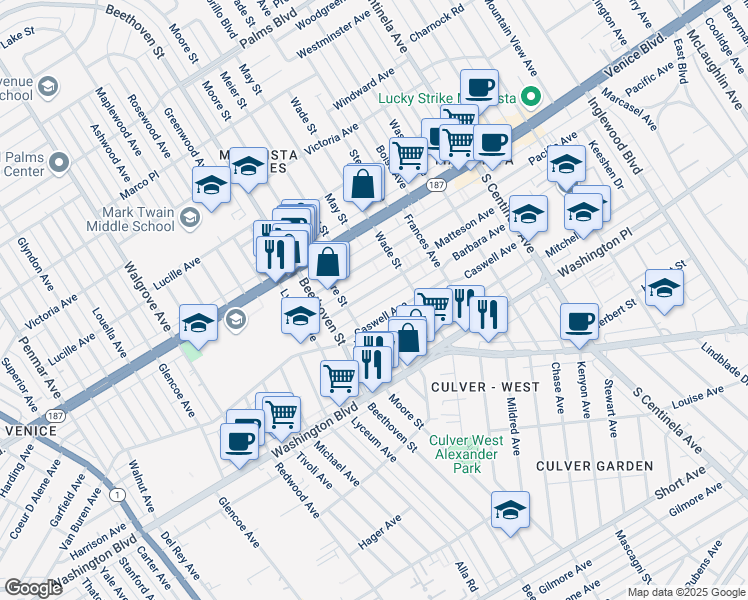 map of restaurants, bars, coffee shops, grocery stores, and more near 12757 Matteson Avenue in Los Angeles