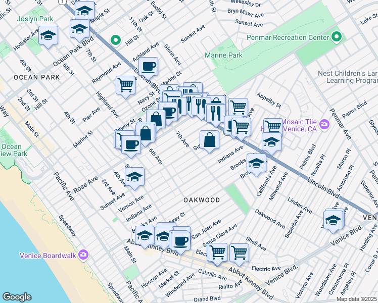 map of restaurants, bars, coffee shops, grocery stores, and more near 659b 7th Avenue in Los Angeles