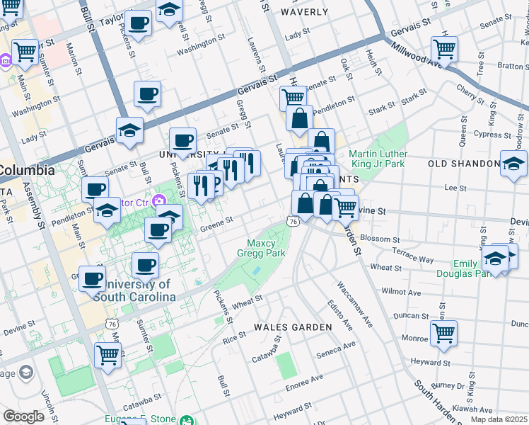 map of restaurants, bars, coffee shops, grocery stores, and more near 1829 Greene Street in Columbia
