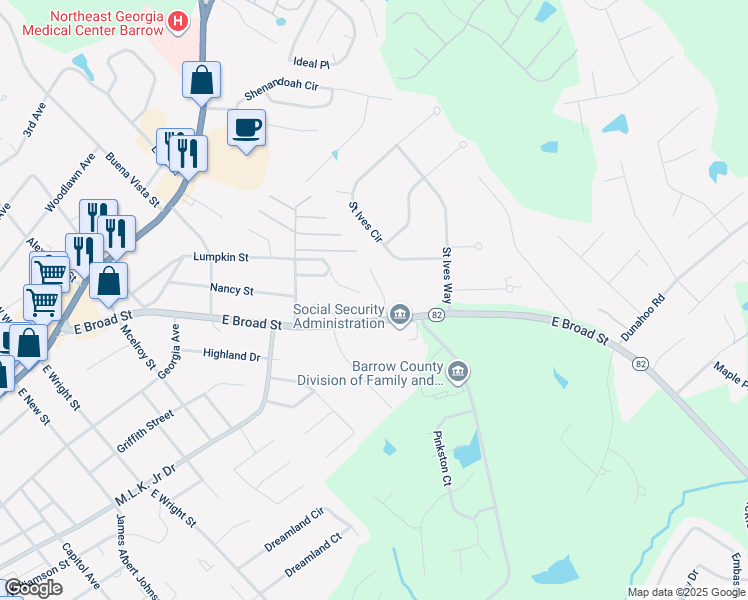 map of restaurants, bars, coffee shops, grocery stores, and more near 8 Candlewood Terrace Northeast in Winder