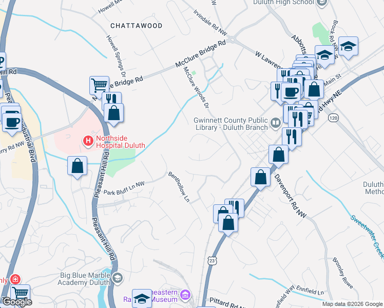map of restaurants, bars, coffee shops, grocery stores, and more near 3451 Drawbridge Terrace in Duluth