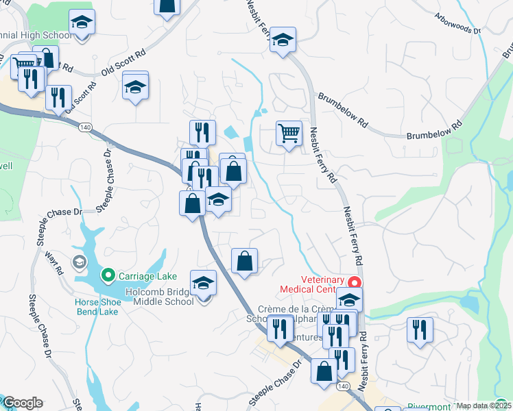 map of restaurants, bars, coffee shops, grocery stores, and more near 253 Devonshire Drive in Alpharetta