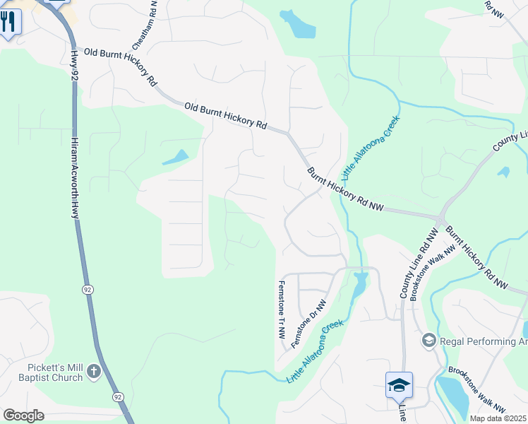 map of restaurants, bars, coffee shops, grocery stores, and more near 123 Ledgemont Way in Acworth