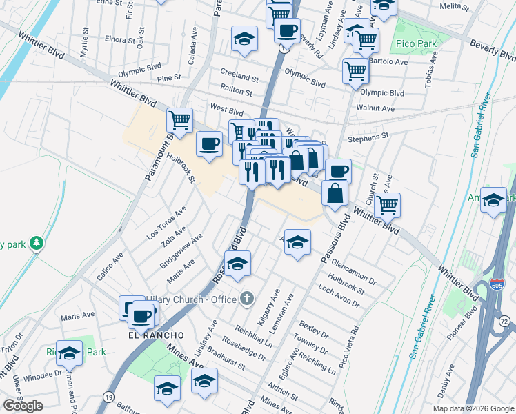 map of restaurants, bars, coffee shops, grocery stores, and more near 5132 San Gabriel Place in Pico Rivera
