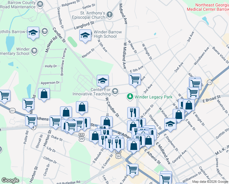 map of restaurants, bars, coffee shops, grocery stores, and more near 204 James Street in Winder