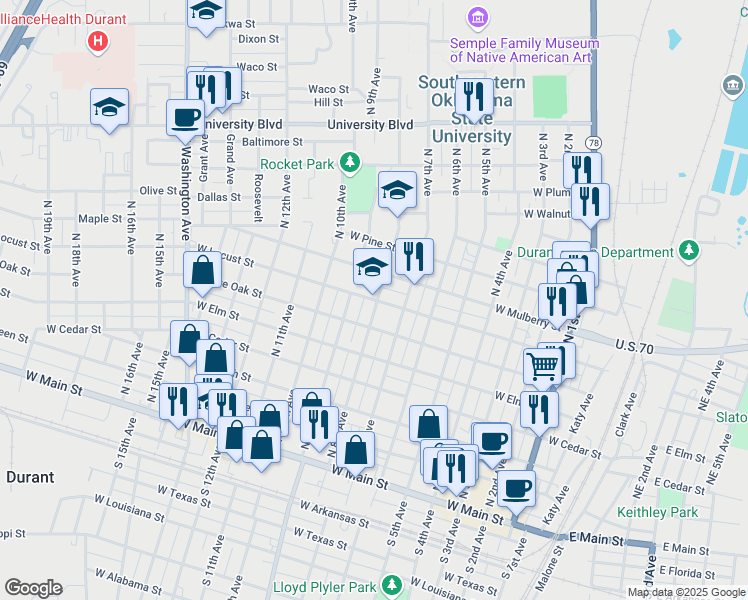 map of restaurants, bars, coffee shops, grocery stores, and more near 812 West Locust Street in Durant