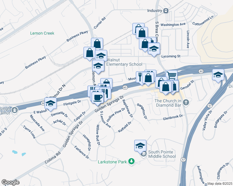 map of restaurants, bars, coffee shops, grocery stores, and more near 20801 Golden Springs Drive in Diamond Bar