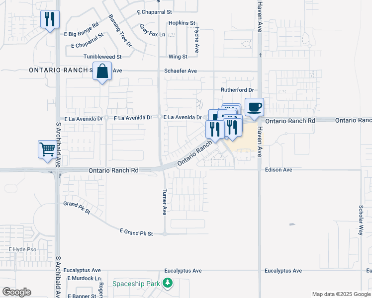 map of restaurants, bars, coffee shops, grocery stores, and more near 3180 East Yountville Drive in Ontario