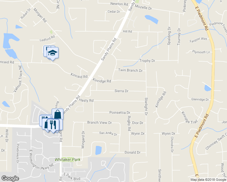map of restaurants, bars, coffee shops, grocery stores, and more near 1751 Sierra Drive in Marietta