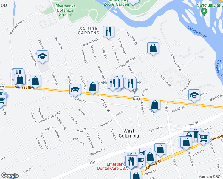 map of restaurants, bars, coffee shops, grocery stores, and more near 702 Osage Avenue in West Columbia