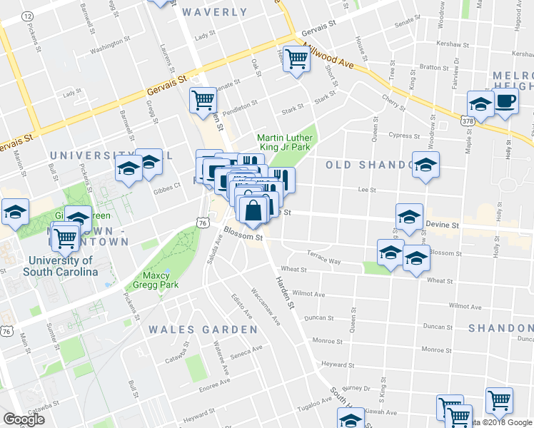 map of restaurants, bars, coffee shops, grocery stores, and more near 2112 Devine Street in Columbia