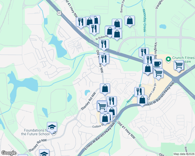 map of restaurants, bars, coffee shops, grocery stores, and more near 2114 Trees of Kennesaw Parkway Northwest in Kennesaw