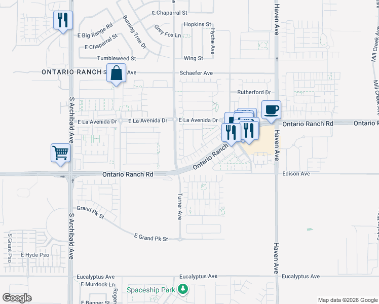 map of restaurants, bars, coffee shops, grocery stores, and more near 3141 East Yountville Drive in Ontario