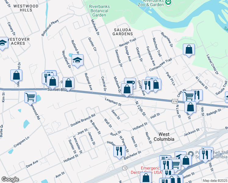 map of restaurants, bars, coffee shops, grocery stores, and more near 1306 Sunset Boulevard in West Columbia