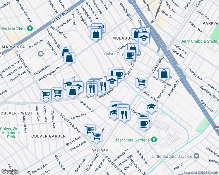 map of restaurants, bars, coffee shops, grocery stores, and more near 11791 Washington Boulevard in Los Angeles
