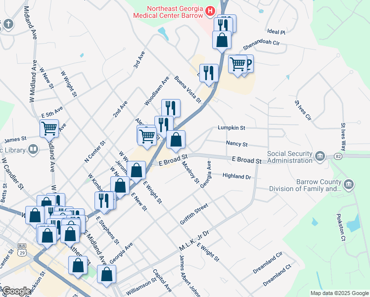 map of restaurants, bars, coffee shops, grocery stores, and more near 27 East Williams Street in Winder