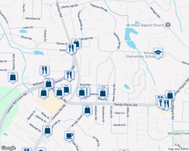 map of restaurants, bars, coffee shops, grocery stores, and more near 1961 Addison Road Northeast in Marietta